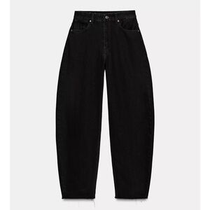 Zara Denim Faded Black Pleated High Rise Balloon Tapered Leg Barrel Ankle Jean